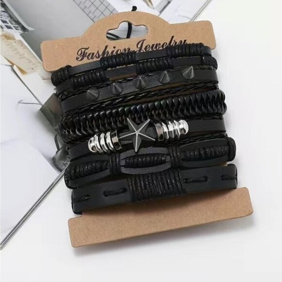 Mens Leather Red & Black Braided Bracelet Set - Picture 2 of 2